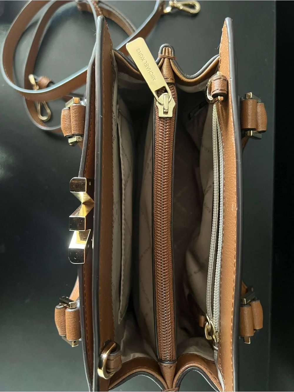 Michael Kors Brown & Tan Logo Satchel with Gold Hardware